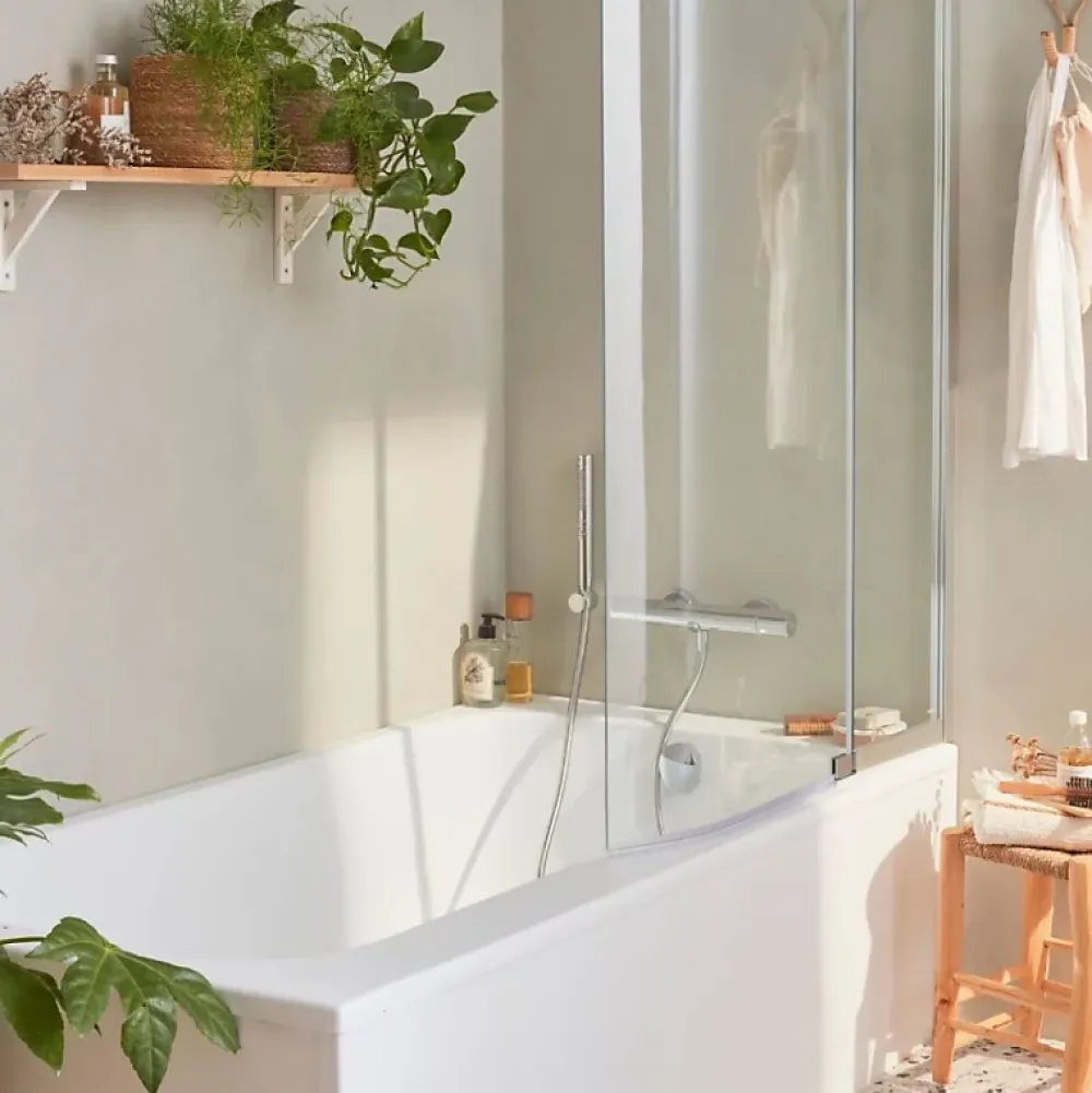 Baignoire Droite|Jacob Delafon Pack baignoire bain douche 160 x 85 Malice version droite blanc mat + tablier en angle + pare bain + étagère