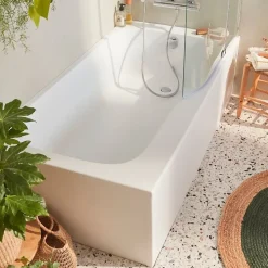 Baignoire Droite|Jacob Delafon Pack baignoire bain douche 160 x 85 Malice version droite blanc mat + tablier en angle + pare bain + étagère