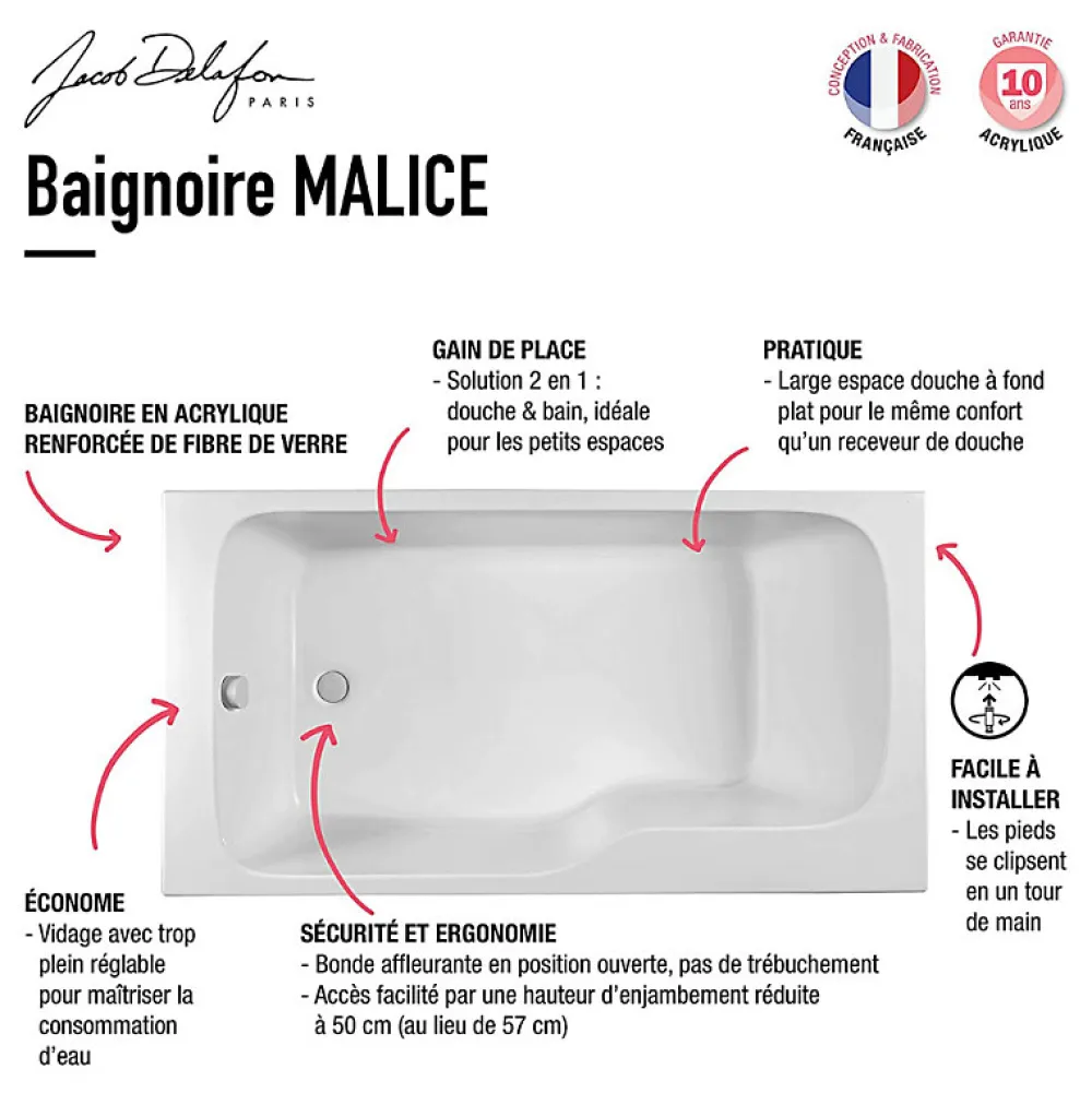 Baignoire Droite|Jacob Delafon Pack baignoire bain douche 160 x 85 Malice version droite blanc mat + tablier en angle + pare bain + étagère