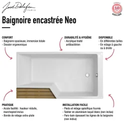 Baignoire Droite|Jacob Delafon Pack baignoire bain douche 150 x 80 Neo version gauche + pare bain chromé + tablier de baignoire en angle