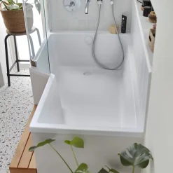 Baignoire Droite|Jacob Delafon Pack baignoire bain douche 150 x 80 Neo version gauche + pare bain chromé + tablier de baignoire en angle