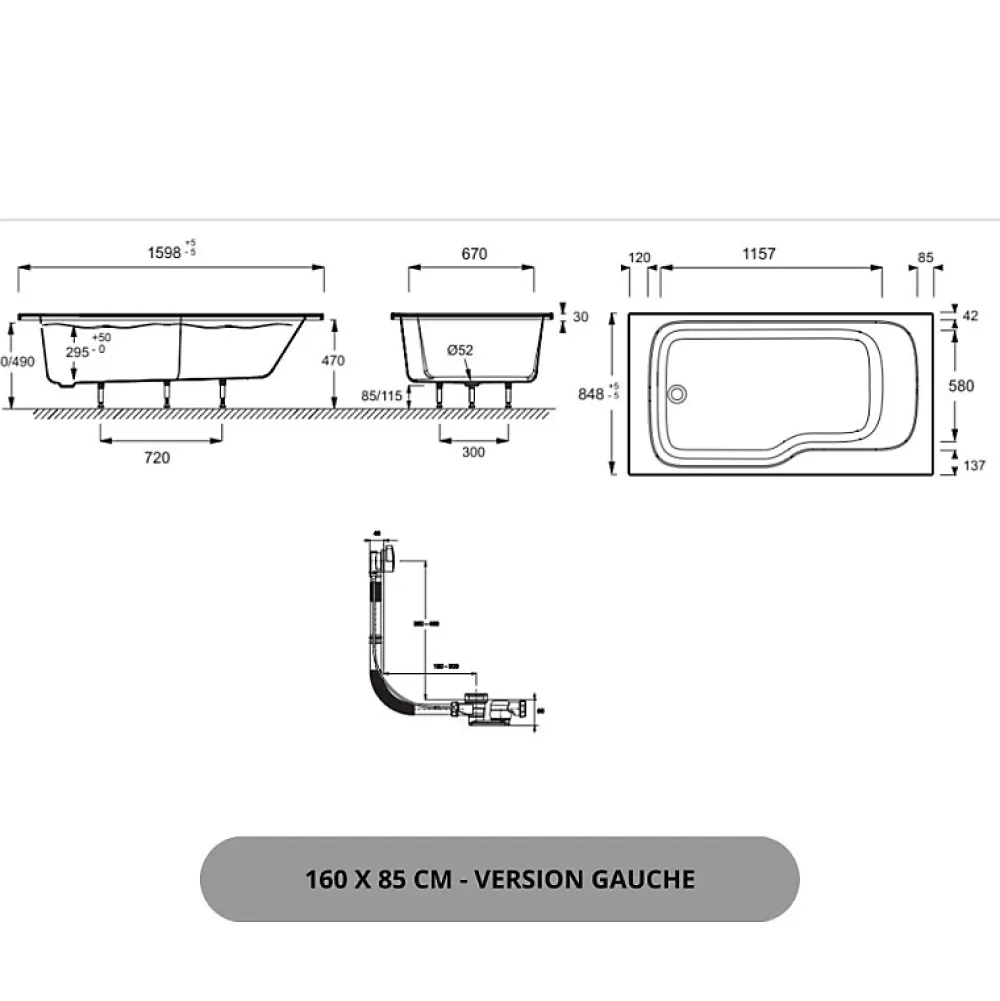 Baignoire Droite|Jacob Delafon Pack baignoire bain douche 160 x 85 Malice version gauche + tablier en niche + pare bain