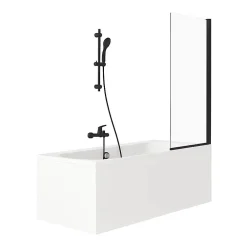 Jacob Delafon Pack baignoire droite 180 x 80 Elise + pack pommeau et mitigeur bain douche noir mat + pare bain noir mat + vidage