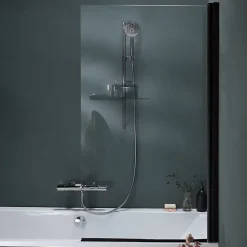 Jacob Delafon Pack baignoire droite 180 x 80 Elise + pack pommeau et mitigeur bain douche noir mat + pare bain noir mat + vidage
