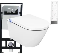 Bernstein Pack Bâti-support + Toilettes Japonais céramique, WC lavant + télécommande - 38,4x59,3x38cm - PRO+ 1102 - Plaque verre blanc
