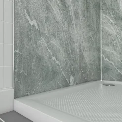 Galedo Pack de 2 panneaux muraux de salle de bains, vert effet pierre avec profilés chromés, l.90+90 x H.210 x P.0,3 cm, Homestone