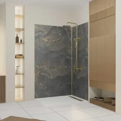 Galedo Pack de 2 panneaux muraux de salle de bains, gris et doré effet pierre avec profilés dorés, l.120+90 x H.210 x P.0,3 cm, Homestone
