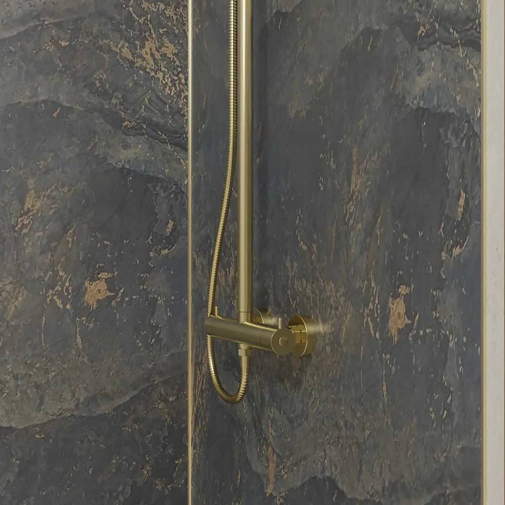 Galedo Pack de 2 panneaux muraux de salle de bains, gris et doré effet pierre avec profilés dorés, l.120+90 x H.210 x P.0,3 cm, Homestone