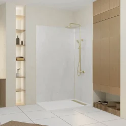 Panneau Mural De Salle De Bains|Galedo Pack de 2 panneaux muraux de salle de bains, blanc effet pierre avec profilés dorés, l.120+90 x H.210 x P.0,3 cm, Homestone