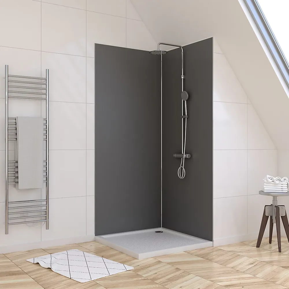 Galedo Pack de 2 panneaux muraux de salle de bains, gris foncé avec profilés chromés, l.90+90 x H.210 x P.0,3 cm, Alucolors