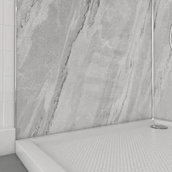 Panneau Mural De Salle De Bains|Galedo Pack de 2 panneaux muraux de salle de bains, gris effet marbre avec profilés chromés, l.90+90 x H.210 x P.0,3 cm, Homestone