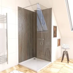 Panneau Mural De Salle De Bains|Galedo Pack de 2 panneaux muraux de salle de bains, marron effet pierre avec profilés chromés, l.90+90 x H.210 x P.0,3 cm, Homestone