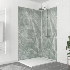 Panneau Mural De Salle De Bains|Galedo Pack de 2 panneaux muraux de salle de bains, vert effet pierre avec profilés chromés, l.120+90 x H.210 x P.0,3 cm, Homestone