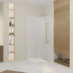 Panneau Mural De Salle De Bains|Galedo Pack de 2 panneaux muraux de salle de bains, blanc effet pierre avec profilés dorés, l.90+90 x H.210 x P.0,3 cm, Homestone