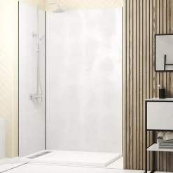 Panneau Mural De Salle De Bains|Galedo Pack de 2 panneaux muraux de salle de bains, blanc effet pierre avec profilés chromés, l.120+90 x H.210 x P.0,3 cm, Homestone