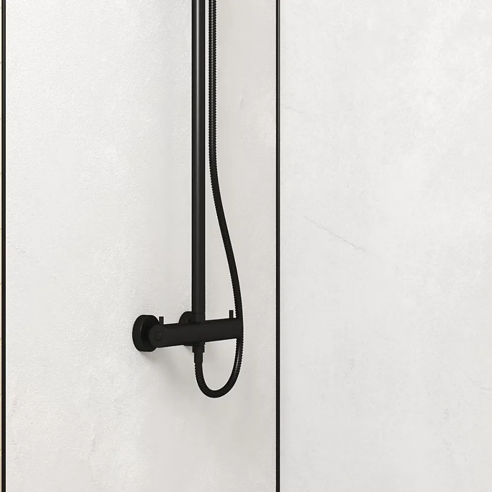 Galedo Pack de 2 panneaux muraux de salle de bains, blanc effet pierre avec profilés noirs, l.90+90 x H.210 x P.0,3 cm, Homestone
