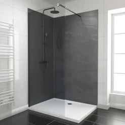 Panneau Mural De Salle De Bains|Galedo Pack de 2 panneaux muraux de salle de bains, gris foncé effet ardoise avec profilés noirs, l.120+90 x H.210 x P.0,3 cm, Homestone