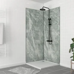 Galedo Pack de 2 panneaux muraux de salle de bains, vert effet pierre avec profilés noirs, l.90+90 x H.210 x P.0,3 cm, Homestone