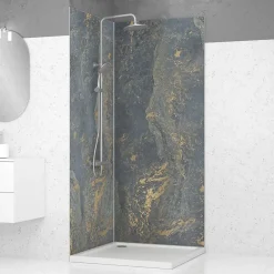 Panneau Mural De Salle De Bains|Galedo Pack de 2 panneaux muraux de salle de bains, gris et doré effet marbre avec profilés chromés, l.90+90 x H.210 x P.0,3 cm, Homestone