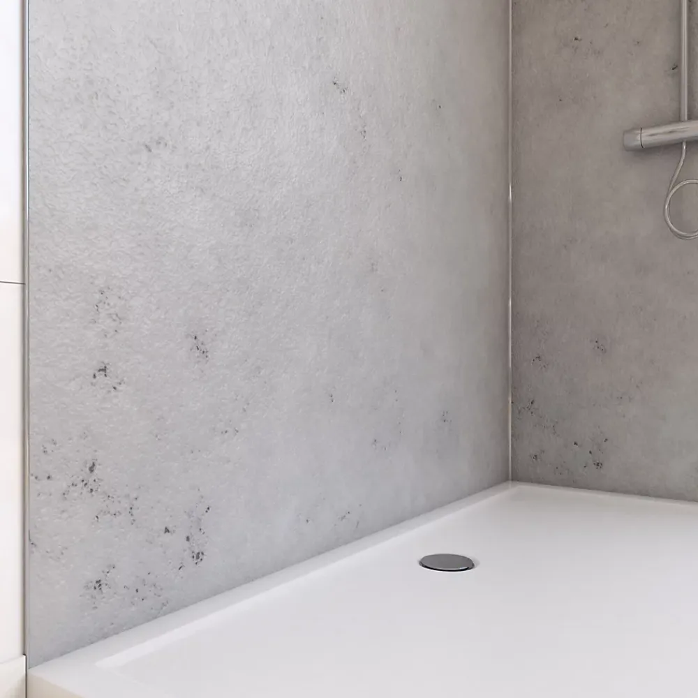 Galedo Pack de 2 panneaux muraux de salle de bains, gris effet pierre avec profilés chromés, l.120+90 x H.210 x P.0,3 cm, Homestone