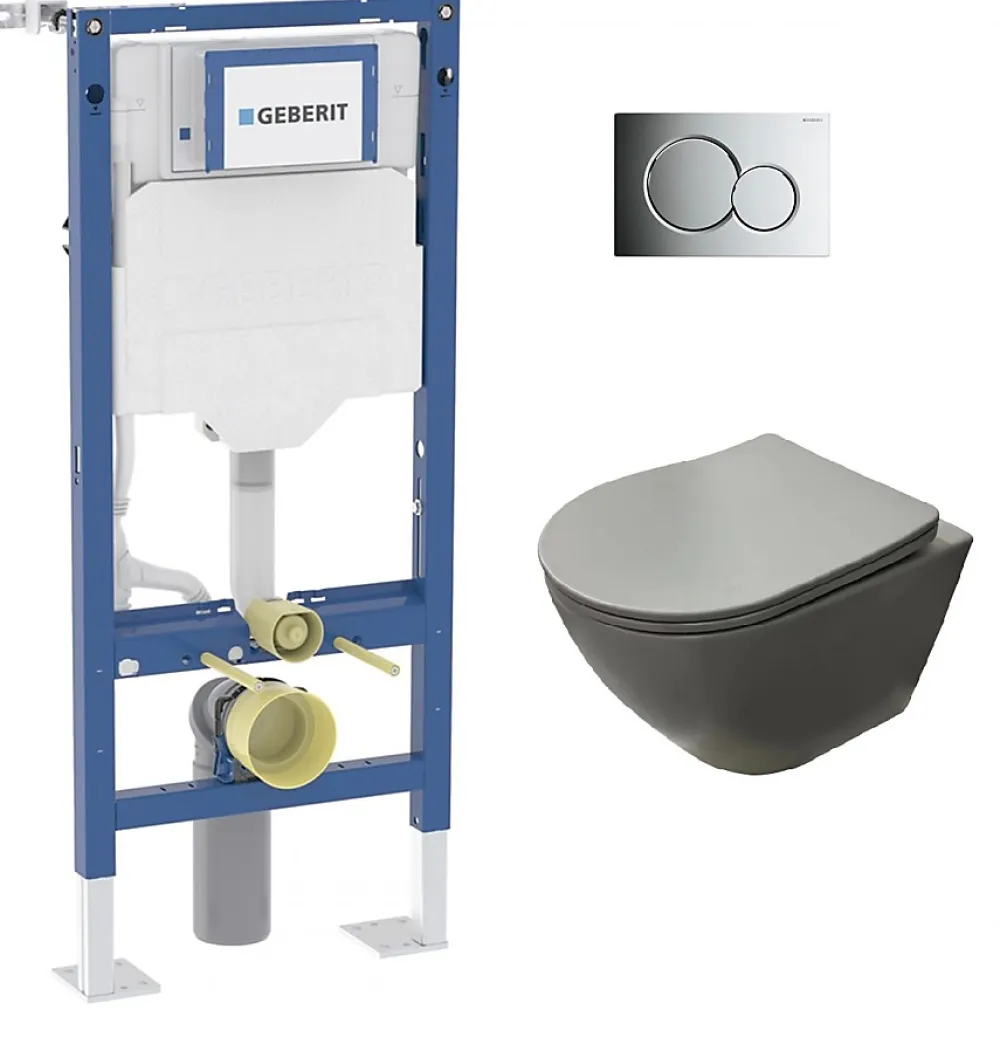 Wc Suspendu|Geberit Pack UP320 + Cuvette sans bride KELOS Flush Gris Clair + Plaque Sigma Chromé Brillant