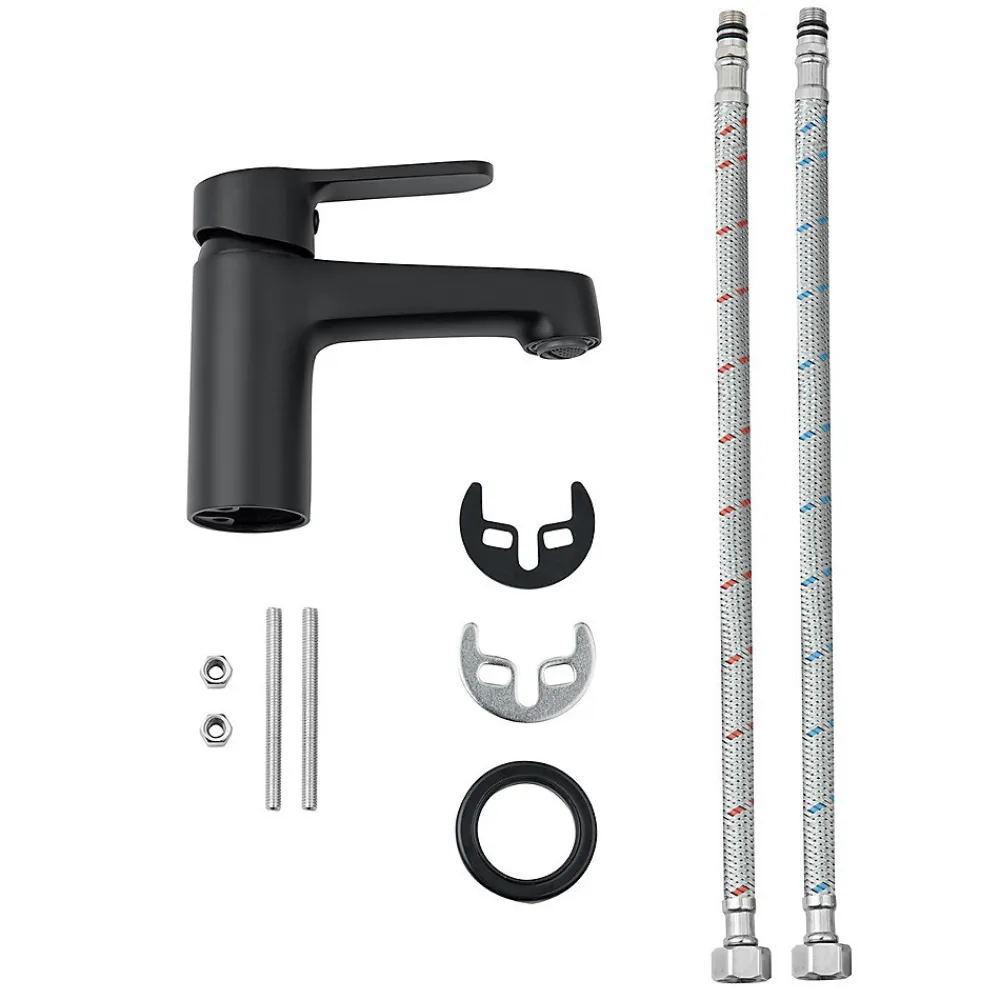 Lave-Mains|Bain-Bain Pack Meuble Lave-main prémonté blanc-Vasque blanche-Robinet noir- Crochet noir -