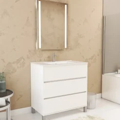 Aurlane Pack Meuble Salle de Bains 80cm Blanc 3 Tiroirs, Vasque, Miroir 60x80 à Leds intégrées - XENOS