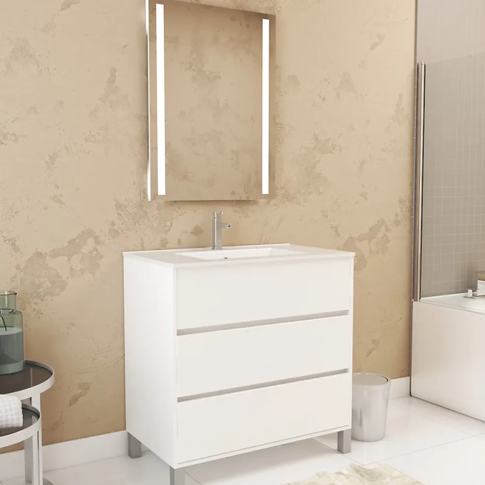 Aurlane Pack Meuble Salle de Bains 80cm Blanc 3 Tiroirs, Vasque, Miroir 60x80 à Leds intégrées - XENOS