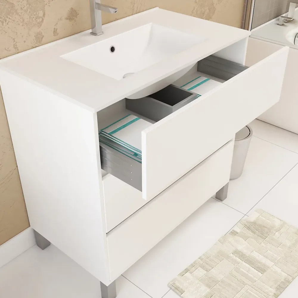Aurlane Pack Meuble Salle de Bains 80cm Blanc 3 Tiroirs, Vasque, Miroir 60x80 à Leds intégrées - XENOS