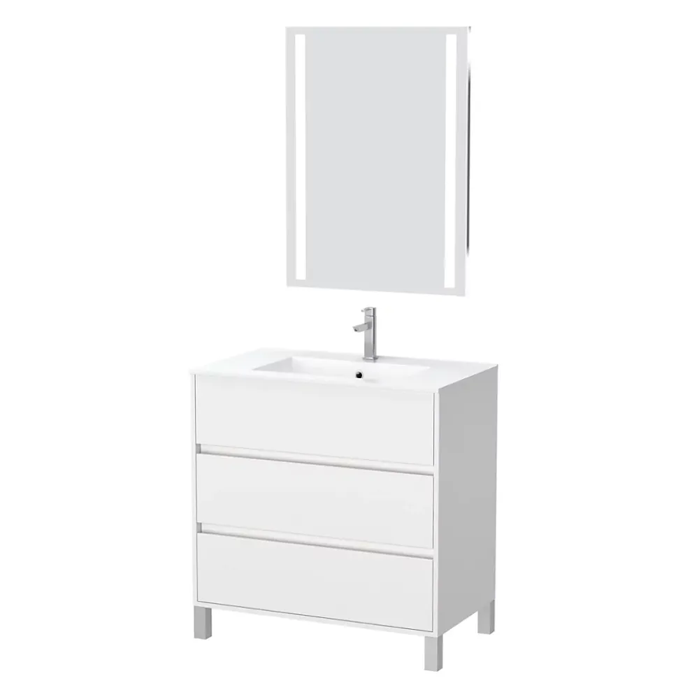 Aurlane Pack Meuble Salle de Bains 80cm Blanc 3 Tiroirs, Vasque, Miroir 60x80 à Leds intégrées - XENOS