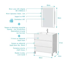 Aurlane Pack Meuble Salle de Bains 80cm Blanc 3 Tiroirs, Vasque, Miroir 60x80 à Leds intégrées - XENOS