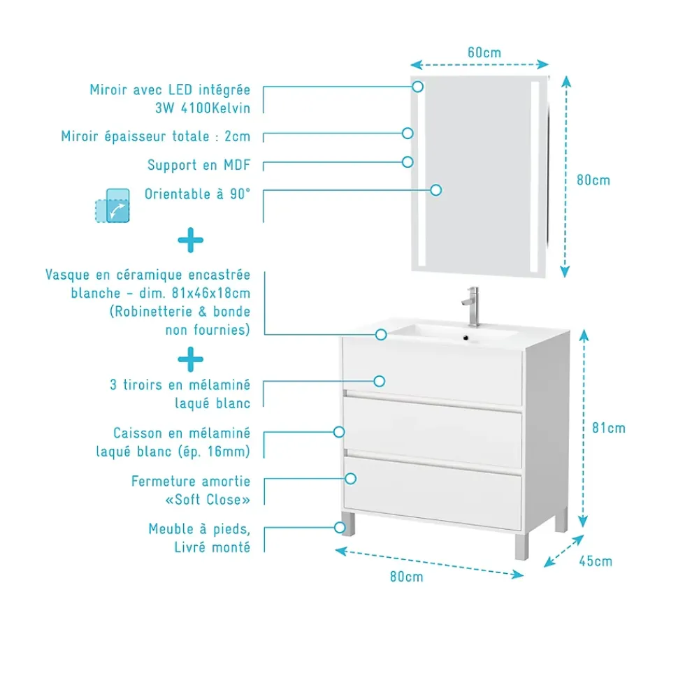 Aurlane Pack Meuble Salle de Bains 80cm Blanc 3 Tiroirs, Vasque, Miroir 60x80 à Leds intégrées - XENOS