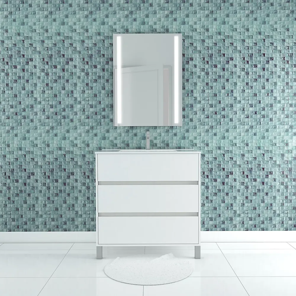 Aurlane Pack Meuble Salle de Bains 80cm Blanc 3 Tiroirs, Vasque, Miroir 60x80 à Leds intégrées - XENOS