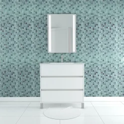 Aurlane Pack Meuble Salle de Bains 80cm Blanc 3 Tiroirs, Vasque, Miroir 60x80 à Leds intégrées - XENOS