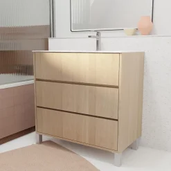 Aurlane Pack Meuble Salle de Bains 80 cm Chêne Clair, 3 tiroirs avec Vasque Céramique - XENOS