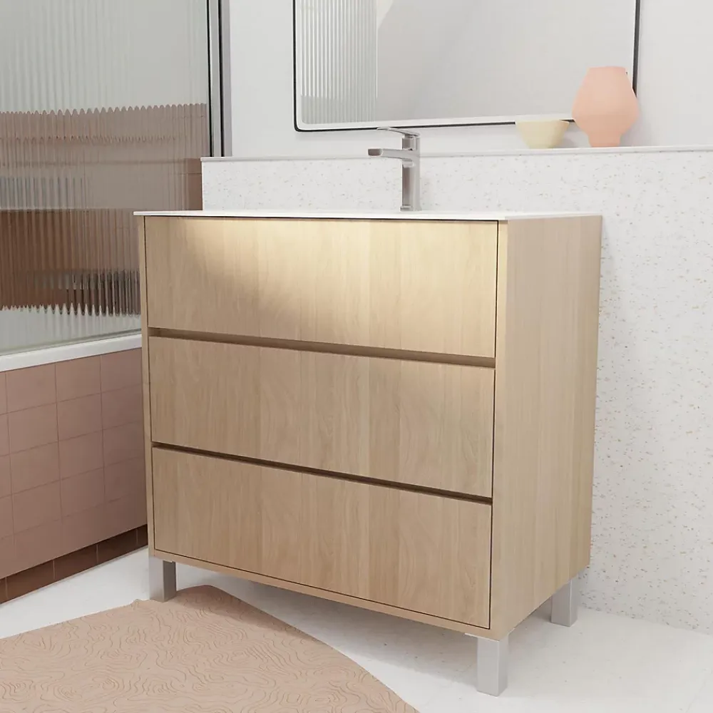 Aurlane Pack Meuble Salle de Bains 80 cm Chêne Clair, 3 tiroirs avec Vasque Céramique - XENOS