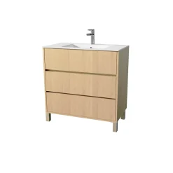 Aurlane Pack Meuble Salle de Bains 80 cm Chêne Clair, 3 tiroirs avec Vasque Céramique - XENOS
