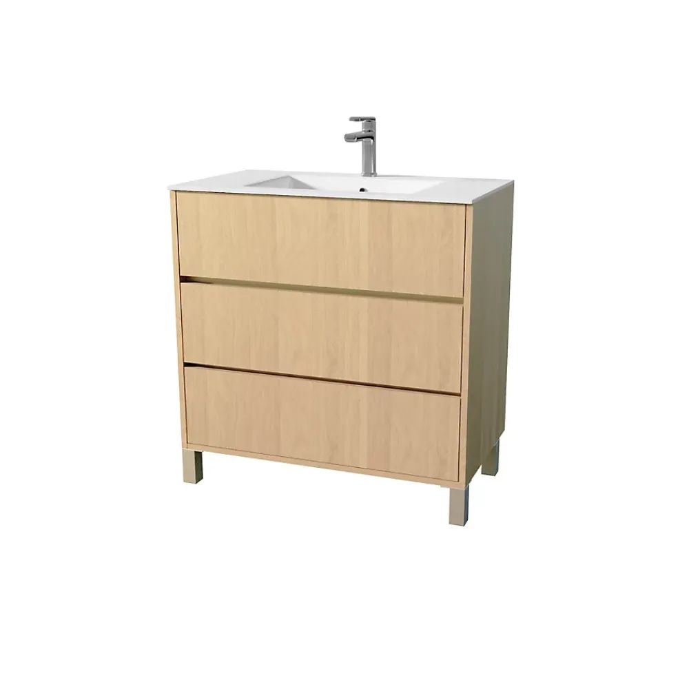 Aurlane Pack Meuble Salle de Bains 80 cm Chêne Clair, 3 tiroirs avec Vasque Céramique - XENOS