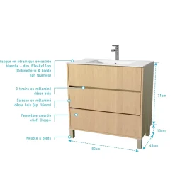 Aurlane Pack Meuble Salle de Bains 80 cm Chêne Clair, 3 tiroirs avec Vasque Céramique - XENOS