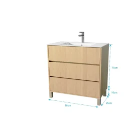 Aurlane Pack Meuble Salle de Bains 80 cm Chêne Clair, 3 tiroirs avec Vasque Céramique - XENOS
