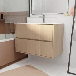 Meuble Vasque|Aurlane Pack Meuble Salle de Bains 80 cm Chêne Clair, 2 tiroirs avec Vasque Céramique - XENOS