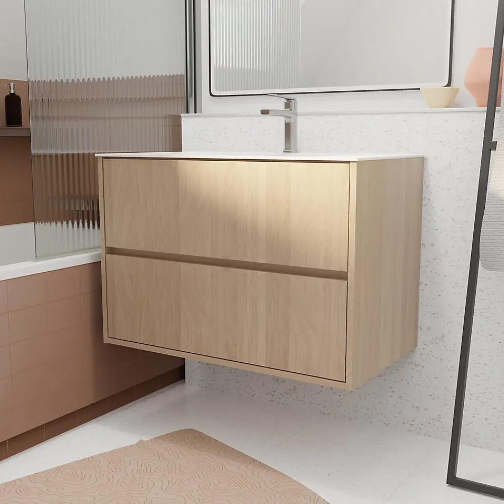 Meuble Vasque|Aurlane Pack Meuble Salle de Bains 80 cm Chêne Clair, 2 tiroirs avec Vasque Céramique - XENOS