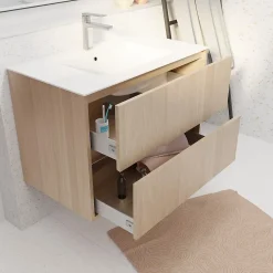 Meuble Vasque|Aurlane Pack Meuble Salle de Bains 80 cm Chêne Clair, 2 tiroirs avec Vasque Céramique - XENOS