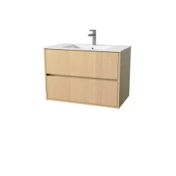Meuble Vasque|Aurlane Pack Meuble Salle de Bains 80 cm Chêne Clair, 2 tiroirs avec Vasque Céramique - XENOS