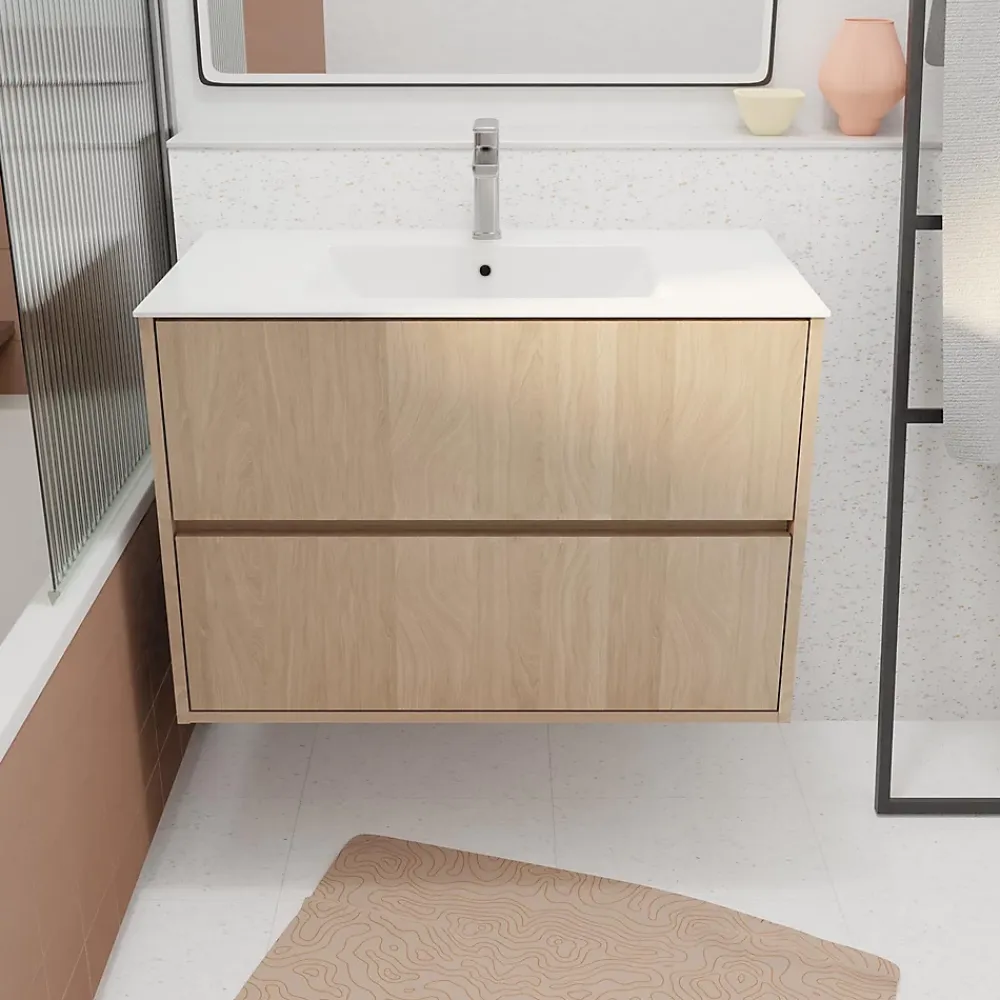 Meuble Vasque|Aurlane Pack Meuble Salle de Bains 80 cm Chêne Clair, 2 tiroirs avec Vasque Céramique - XENOS