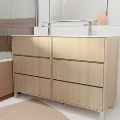 Ensemble Meuble De Salle De Bains|Aurlane Pack Meuble Salle de Bains 120 cm Chêne Clair, 6 tiroirs avec Vasque Céramique - XENOS