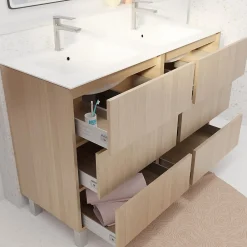 Ensemble Meuble De Salle De Bains|Aurlane Pack Meuble Salle de Bains 120 cm Chêne Clair, 6 tiroirs avec Vasque Céramique - XENOS