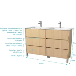 Ensemble Meuble De Salle De Bains|Aurlane Pack Meuble Salle de Bains 120 cm Chêne Clair, 6 tiroirs avec Vasque Céramique - XENOS