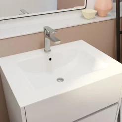 Aurlane Pack Meuble Salle de Bains 60 cm Laqué Blanc, 3 tiroirs avec Vasque Céramique - XENOS