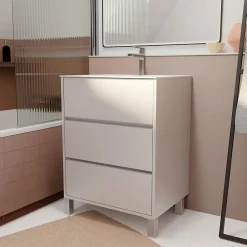 Aurlane Pack Meuble Salle de Bains 60 cm Laqué Blanc, 3 tiroirs avec Vasque Céramique - XENOS